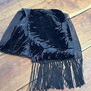 Brown Feather Patterned Velvet Burnout 100% Silk Scarf with Fringe Coachella
